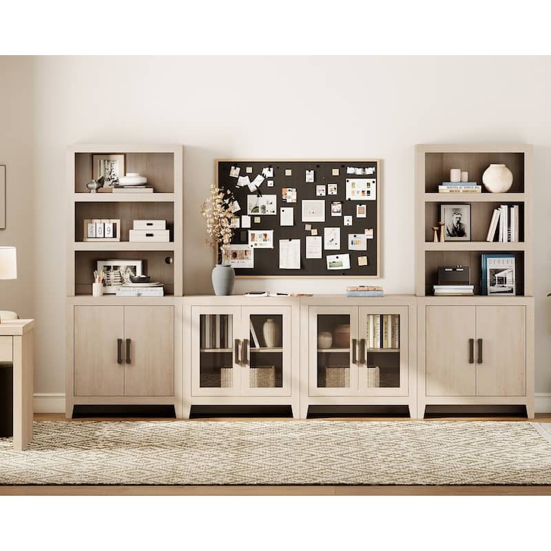 WAMPAT Large Entertainment Center with Bookshelves, Farmhouse TV Stand with Storage Cabinets & Glass Doors