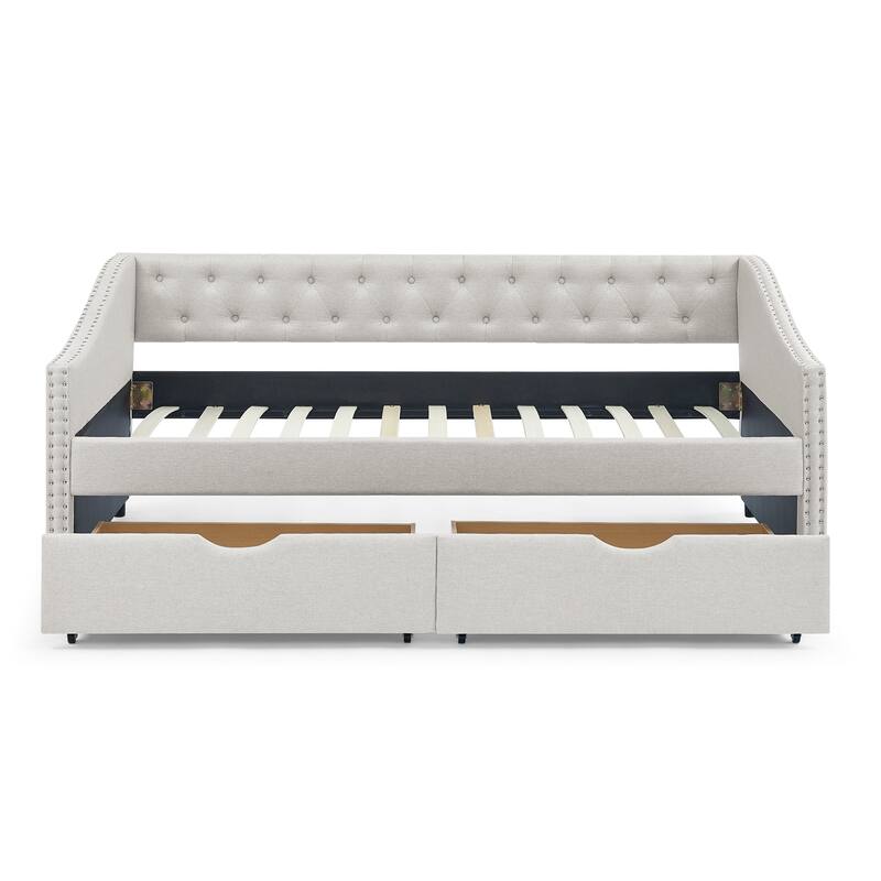 Twin Size Linen Upholstered Daybed Frame with 2 Drawers, Buttons Tufted Backrest, Copper Nail Decoration