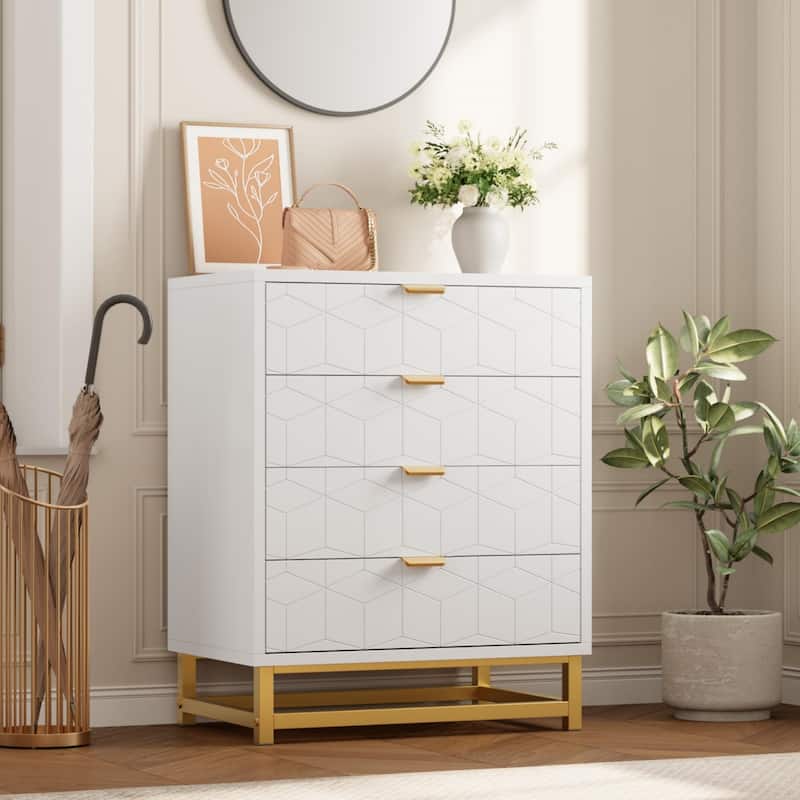 4 Drawer Dresser for Bedroom, Modern Wooden Chest of Drawers with Gold Handles