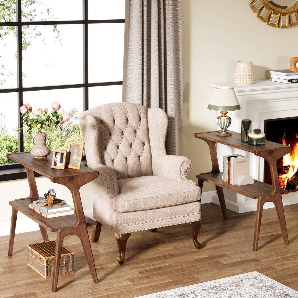 Wood 2-Tier Narrow End Side Chairside Table for Living Room