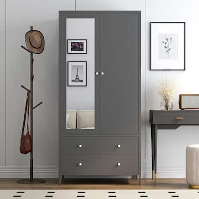 Gray Wardrobe Armoire Storage Cabinet with Mirror Door & Hanging Rod