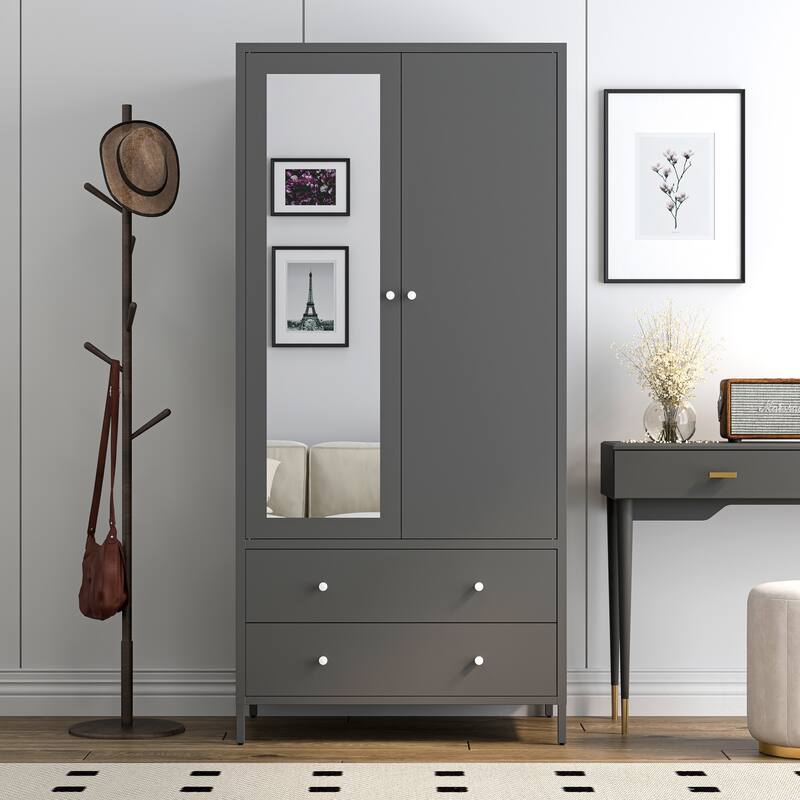 Metal Armoire Wardrobe Closet with 2 Drawers,Mirror Door and Hanging Rod