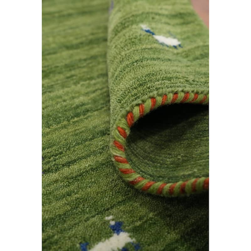 Hand Knotted Oriental 100% Wool Carpet Tribal Animal Pictorial Green Gabbeh Runner Rug - 4' 6'' X 2' 2''