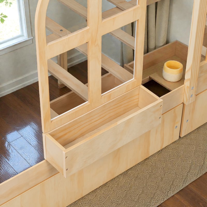 Full Size Kids House Bed with 2 Storage Drawers, Side Bookshelf with LED Strip, Guardrails and Charging Station