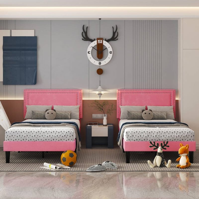 Set of 2 Twin Size Tufted Upholstered Platform Beds Dorm Style Minimalist Metal Frame with Slats No Box Spring Needed
