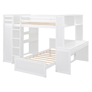 Multi-Functional Full Size Loft Bed with Wardrobe,Twin Stand-Alone Bed and Work Desk Under