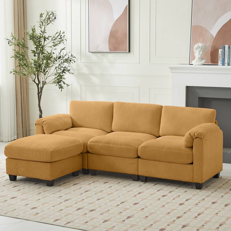 Multi-Seater Corduroy Sectional Sofa, Modular Settee, Included Removable Ottomans - 3 Seats & 1 Ottoman - Mineral Yellow