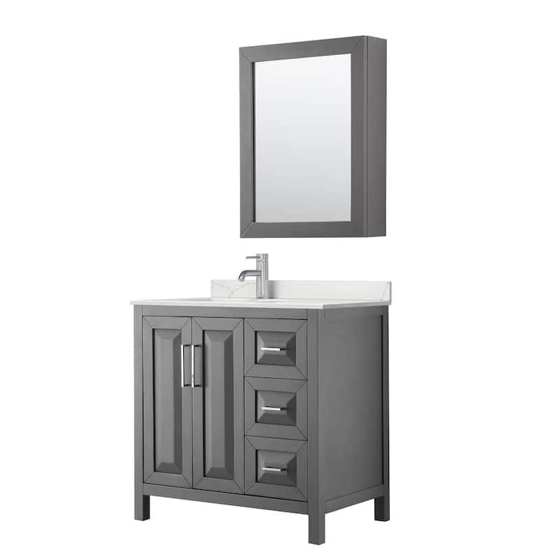 Daria 36-inch Single Vanity, Single Hole Quartz Top, Med Cabinet - Dark Gray, Chrome Trim, Giotto Quartz Top