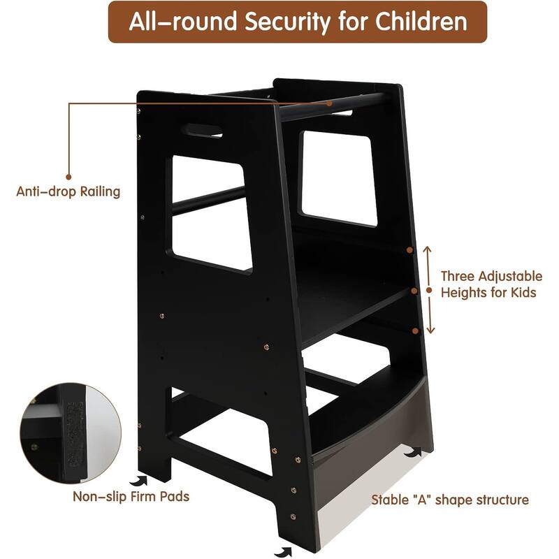 Toddler Standing Tower Kitchen Step Stool Adjustable Height Learning Stool,Helper Removable Anti-Drop Safety Rail Stool