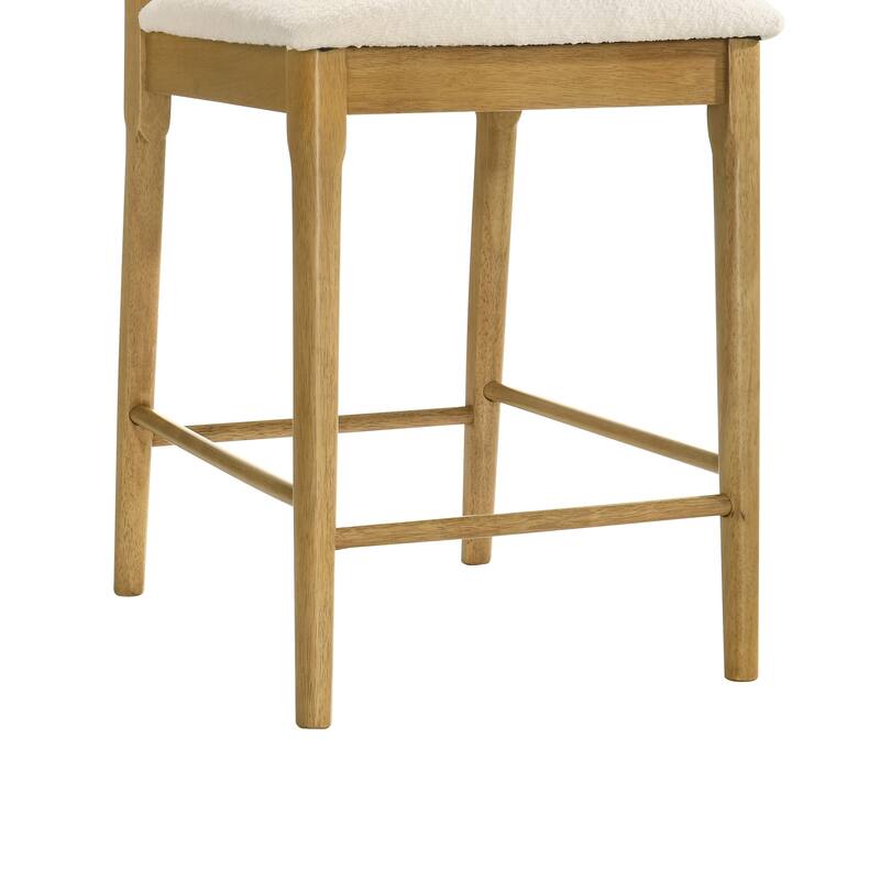Tobias Rattan and Wood Bar Stool, Counter Height Kitchen Stool with White Boucle Fabric Upholstered Seat