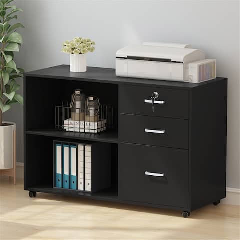 Mobile File Cabinet,Office Storage Printer Stand with 3 Drawers and 2 Open Shelves
