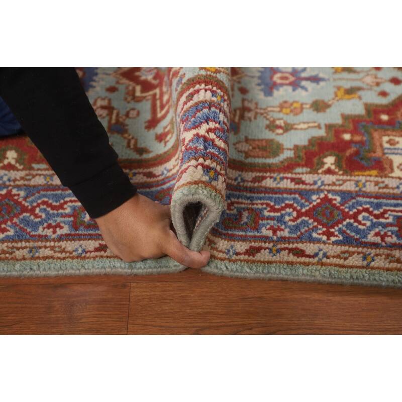 Turquoise Geometric Heriz Serapi Foyer Rug Hand-Knotted Wool Carpet - 3'0"x 4'11"