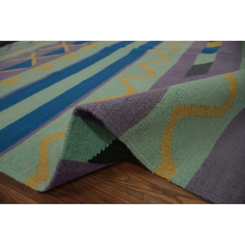 Hand Woven Oriental 100% Wool Carpet Southwestern Modern Green Kilim Area Rug - 12' 1'' X 9' 2''