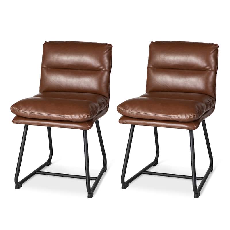 Glitzhome Set of 2/4 Modern PU Leather Thick Upholstered Side Dining Chairs with Metal Legs - Set of 2 Brown