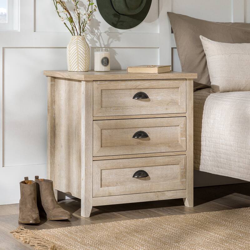 White Oak Farmhouse Nightstand with 3 Drawers and Cup Handles