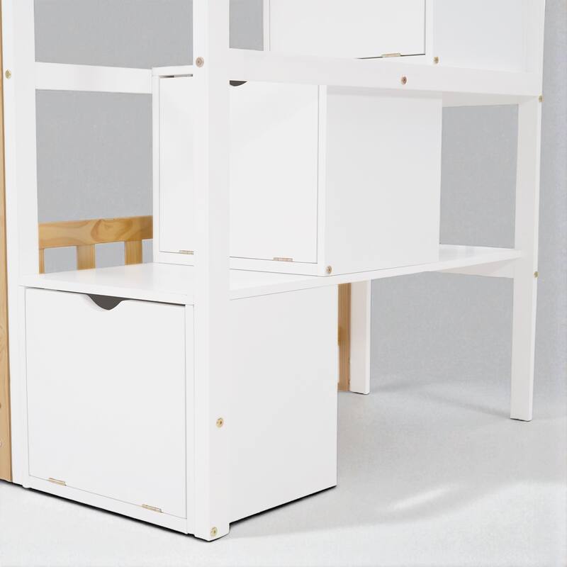 Stairway Twin Over Twin House Bunk Bed with Round Window, Storage Drawers and Shelf, Natural and White Finish