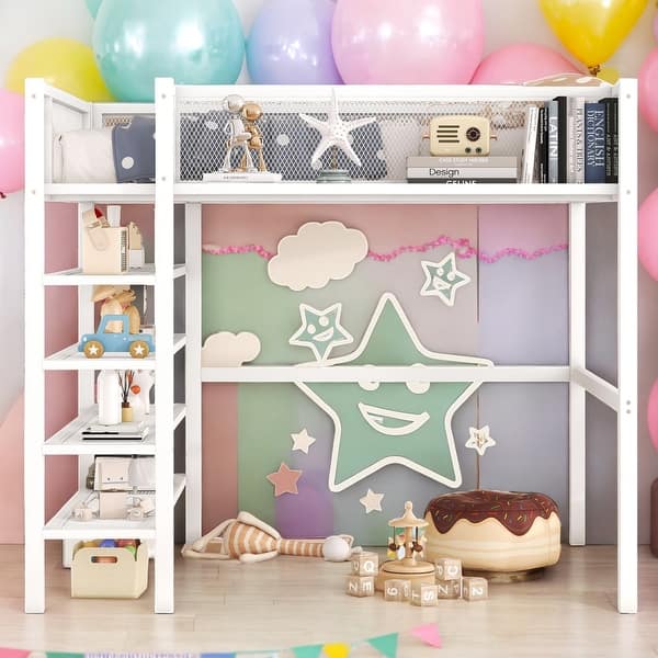 slide 2 of 9, Modern Full Size Loft Bed with 4-Tier Shelves and Storage and 4-step Ladder for Bedroom White