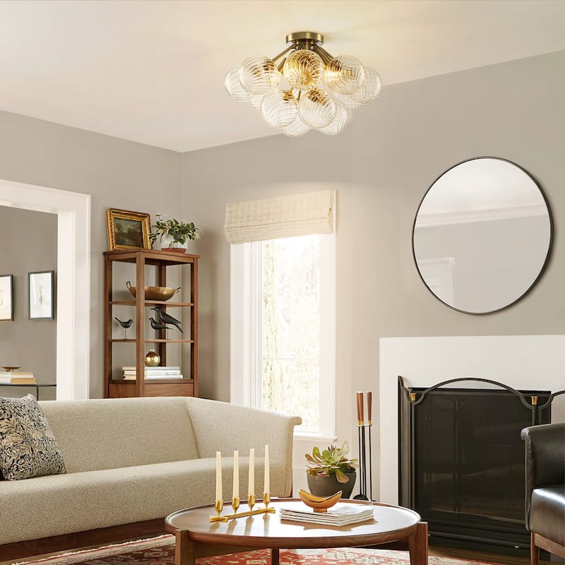 4-Light Modern Luxury Brushed Brass Iron & Textured Glass Globe Flush Mount Ceiling lighting for Living & Dining Areas