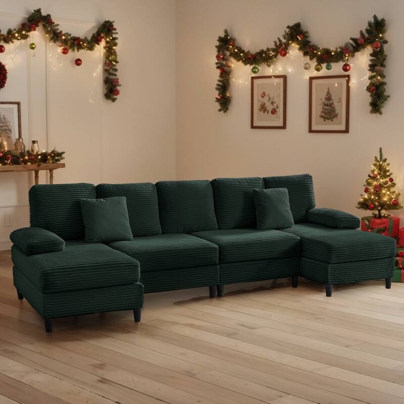 Mixoy W112inch Upholstered 5-Seater Sectional Sofa Couch,Corduroy Large U-Shaped Sofa with Double Chaises and Sleepable Armrests - Green - Symmetrical