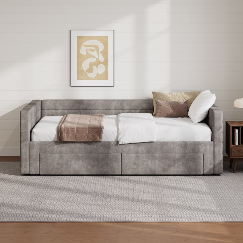 Twin Size Upholstered Bed Extendable Daybed Frame Twin to King Design Chenille Fabric Sofa Bed with Trundle and Storage Drawers