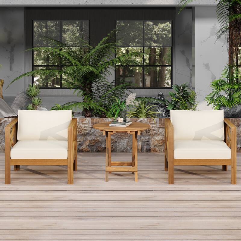 3 Piece Patio Conversation Set, Outdoor Wood Conversation Seat(Set of 2),Armchair with Cushions,Foldable Acacia Wood Side Table - Beige,Teak