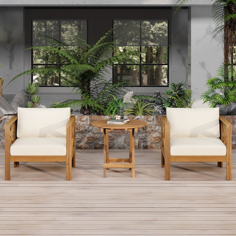 Christopher Knight Home - Kincaid Acacia Wood Patio 3 Piece Chat Set - Teak Finish+Beige Cushion