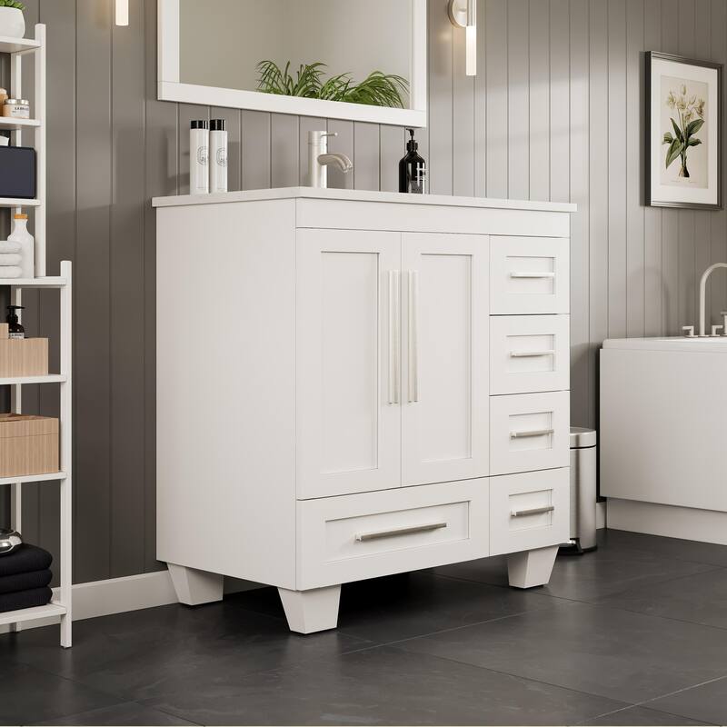 Eviva Loon 30"W x 22"D White Bathroom Vanity with White Carrara Quartz Vanity Top and Rectangular Undermount Sink