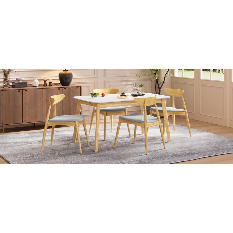Roomfitters 5-Piece Scandinavian Dining Set, 59" White Oak Table with 4 Ergonomic Beige Upholstered Chairs