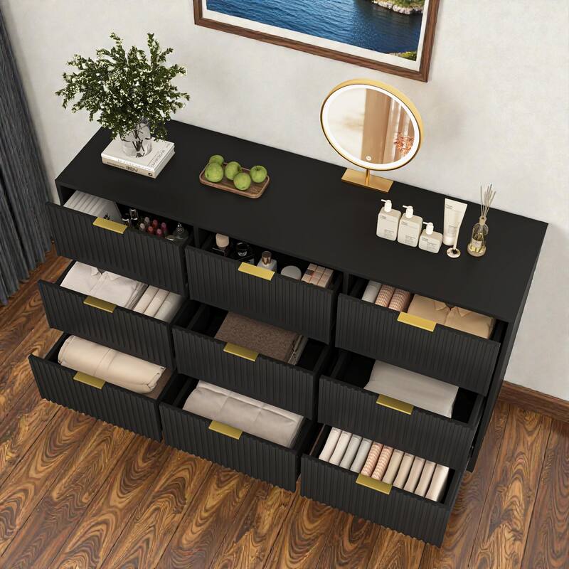 Modern 9 Drawer Dresser with Wavy Drawer Fronts, 63 Inch Wide Wooden Chest of Drawers for Bedroom Living Room