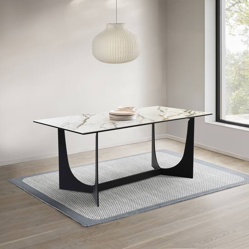 Esme 70" Sintered Stone and Black Metal Dining Table with Trestle Base