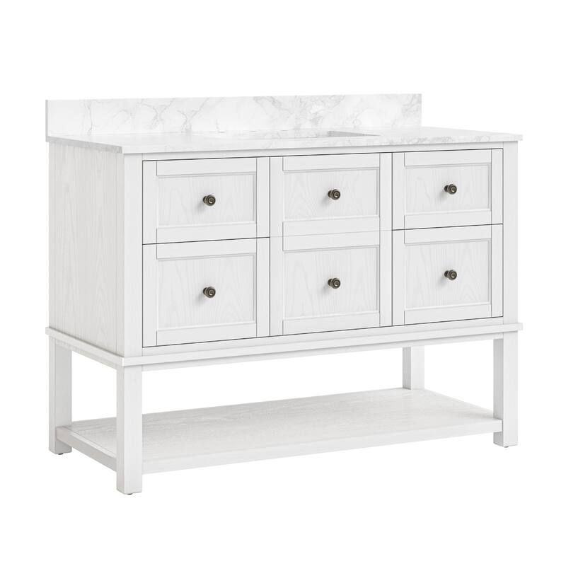 48" Bathroom Vanity with Sink, Marble Countertop Single Bathroom Vanity with 6 Drawers, White