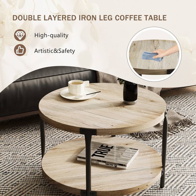 Wooden Round Dining Table with Double Layers, Coffee Table Side Table with Metal Legs for Dining Room