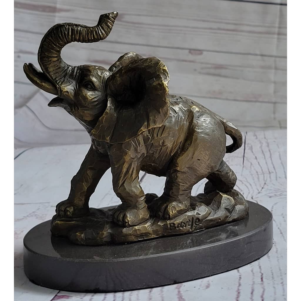 Trumpeting Imitative Elephant Trunk In The Air Bronze Metal Sculpture Statue Figure On Marble Base 7 Inches X 8 Inches