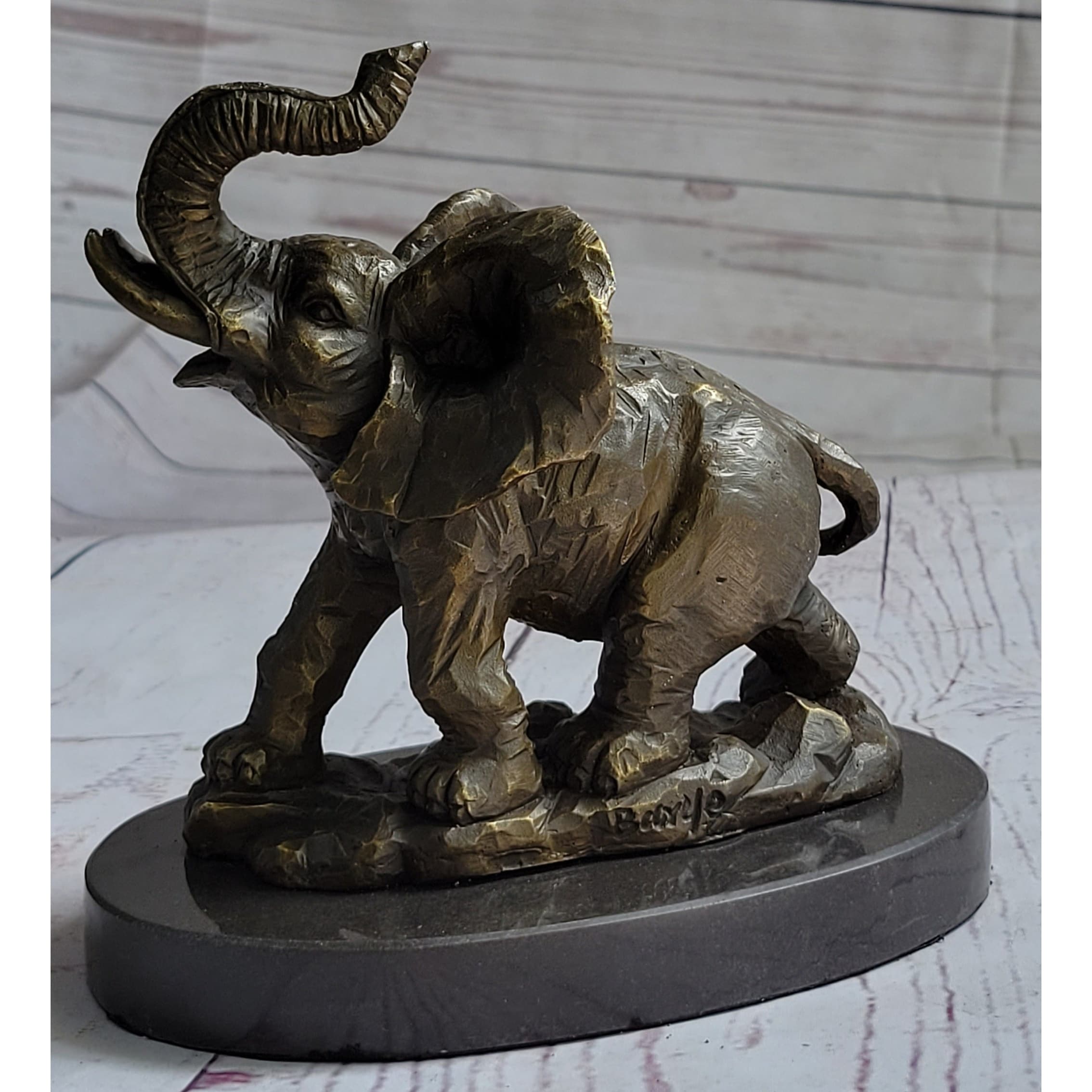 Trumpeting Imitative Elephant Trunk In The Air Bronze Metal Sculpture Statue Figure On Marble Base 7 Inches X 8 Inches