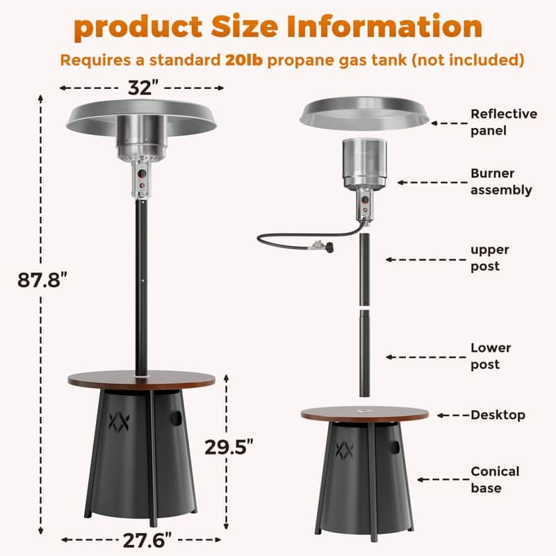50,000 BTU Propane Gas Patio Heater with 28" Storage Tabletop for Outdoor Garden - N/A
