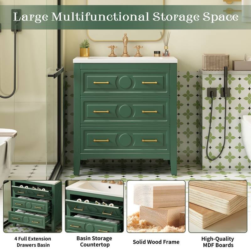 30 inch MDF Freestanding Bathroom Vanity Set in Green with Integrated Resin Sink