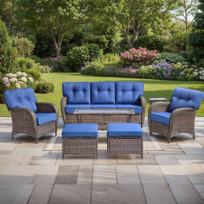 Pocassy 7 Piece Ooutdoor Sofa with Patio Chair Ottoman Table - Brown Wicker & Blue cushion