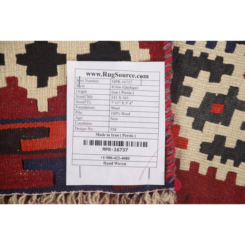 Red Kilim Qashqai Persian Area Rug Flatweave Wool Carpet - 5'4" x 7'11"