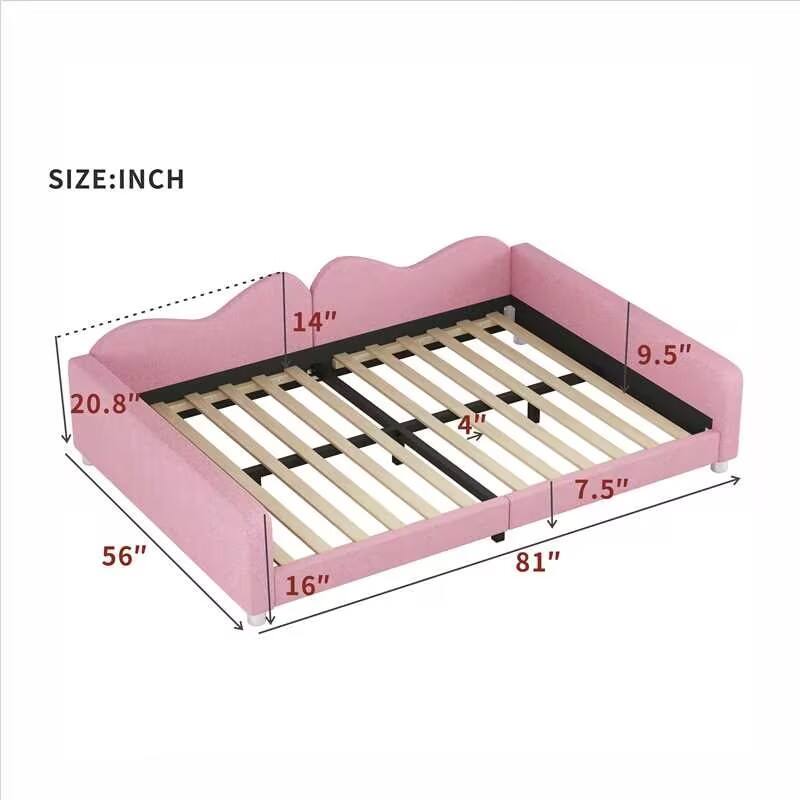 Pink Full Size Sherpa Fabric Upholstered Daybed with Cloud-Shaped Backrest for Bedroom