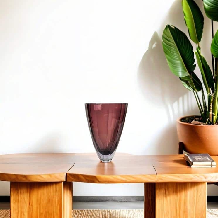 Heavy Cut Plum Glass Vase With Faceted Base And Tapered Shape