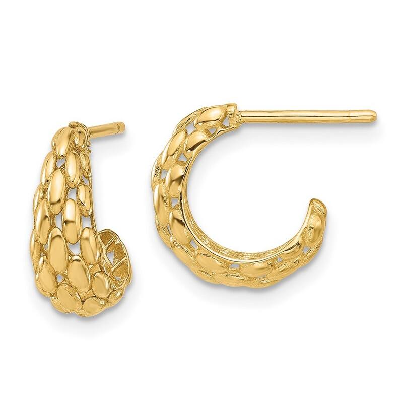Curata 14k Yellow Gold Polished and Textured J hoop Post Earrings - 13x12.5mm