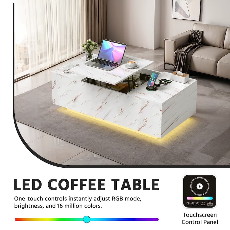 Meyreso Lift-Top Smart Marble Coffee Table with LED Light and Hidden Storage