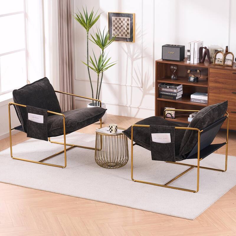Upholstered Hanging Armchairs with Arm Pockets, Metal Frame,Set of 2
