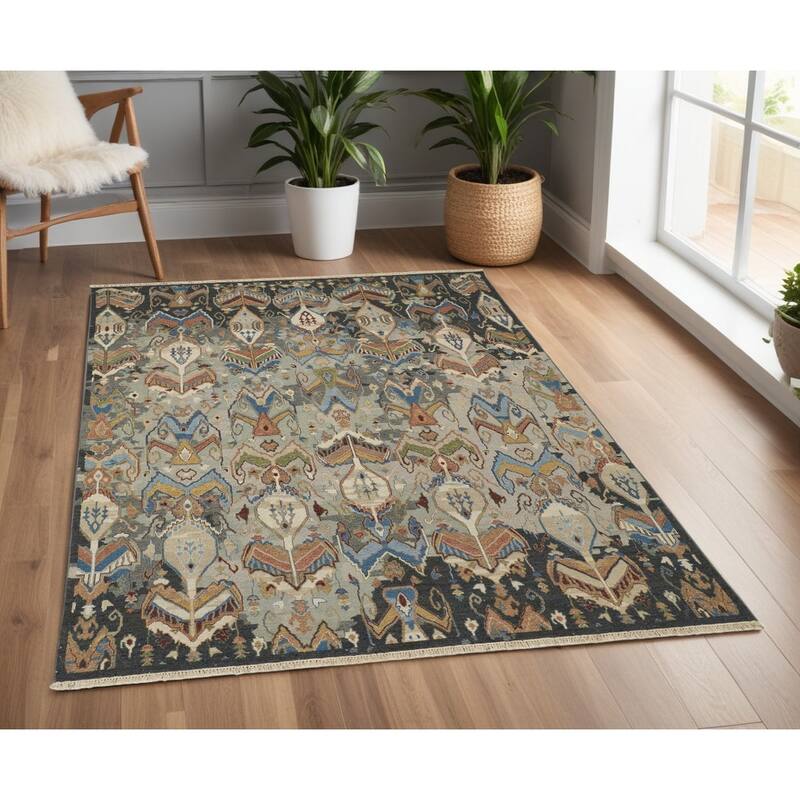 HomeRootsIkat Bohemian Rectangle Area Rug - 66' X '42' X '0.2 - Blue/Brown/Gray