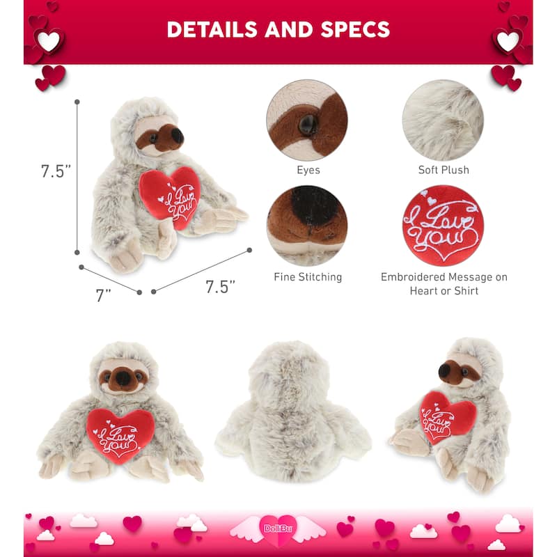 DolliBu I LOVE YOU Plush Super Soft Sloth with Red Heart Plush - 7.5 inches