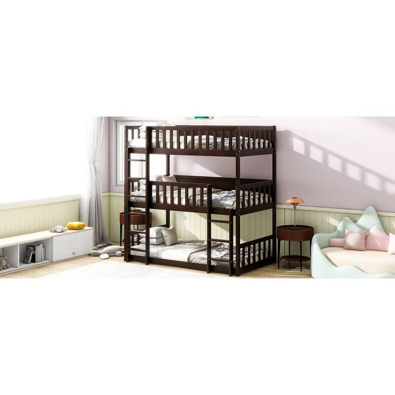 Roomfitters Twin Size Triple Rubber Wood Bunk Bed with Ladders and Guardrails, Detachable Twin over Twin over Twin Bed, Espresso
