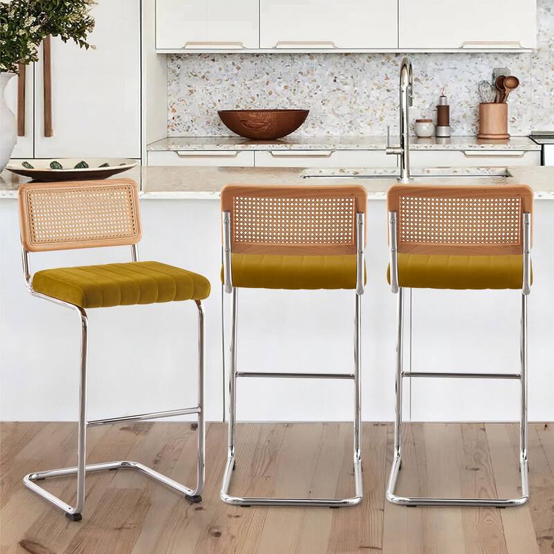 Velvet Upholstered Rattan Counter/Bar Stools, Set of 2/3