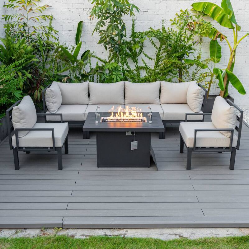 Outdoor 7-Piece Patio Sectional Set Aluminum Frame W/ Fire Pit Table - Beige