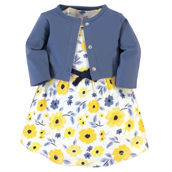 slide 1 of 1, Touched by Nature Baby and Toddler Girl Organic Cotton Dress and Cardigan 2pc Set, Yellow Garden 2T - Yellow Garden