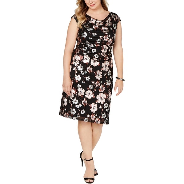 Connected Apparel Womens Plus Sheath Dress Floral Print Cowl Neck - Black. Opens flyout.